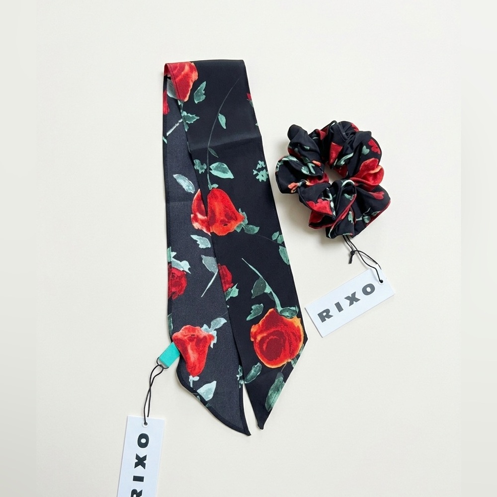 RIXO Black and Red Floral Tie silk scarf and Scrunchie Silk crepe Set